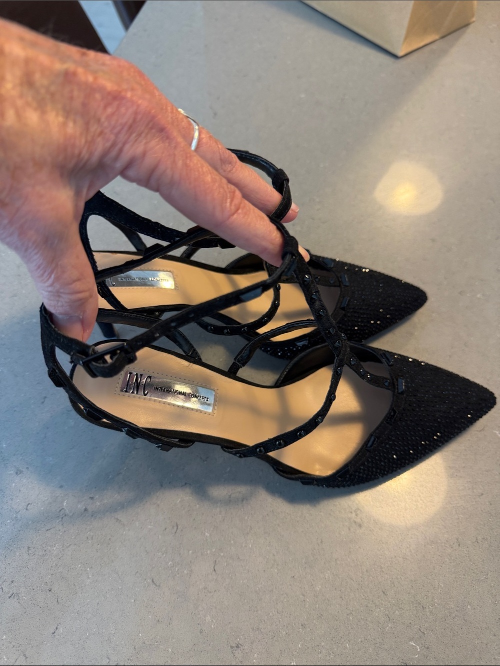 INC International Concepts Black Pointed-Toe Strappy Heels with Sparkle